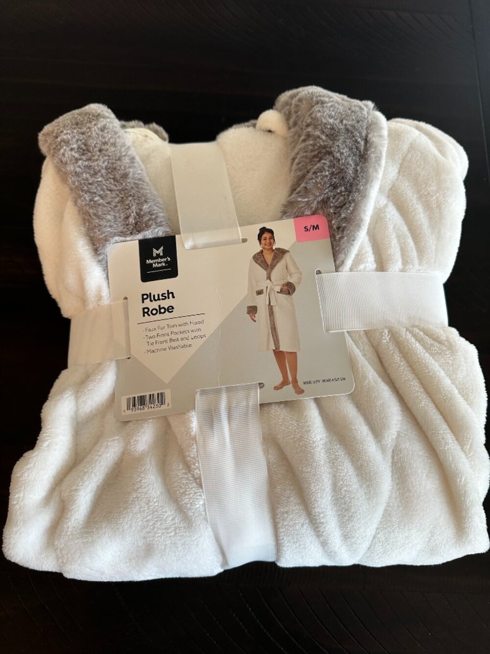 NWT Member's Mark Plush Hooded Robe White Gray Faux Fur Trim S/M Soft Cozy